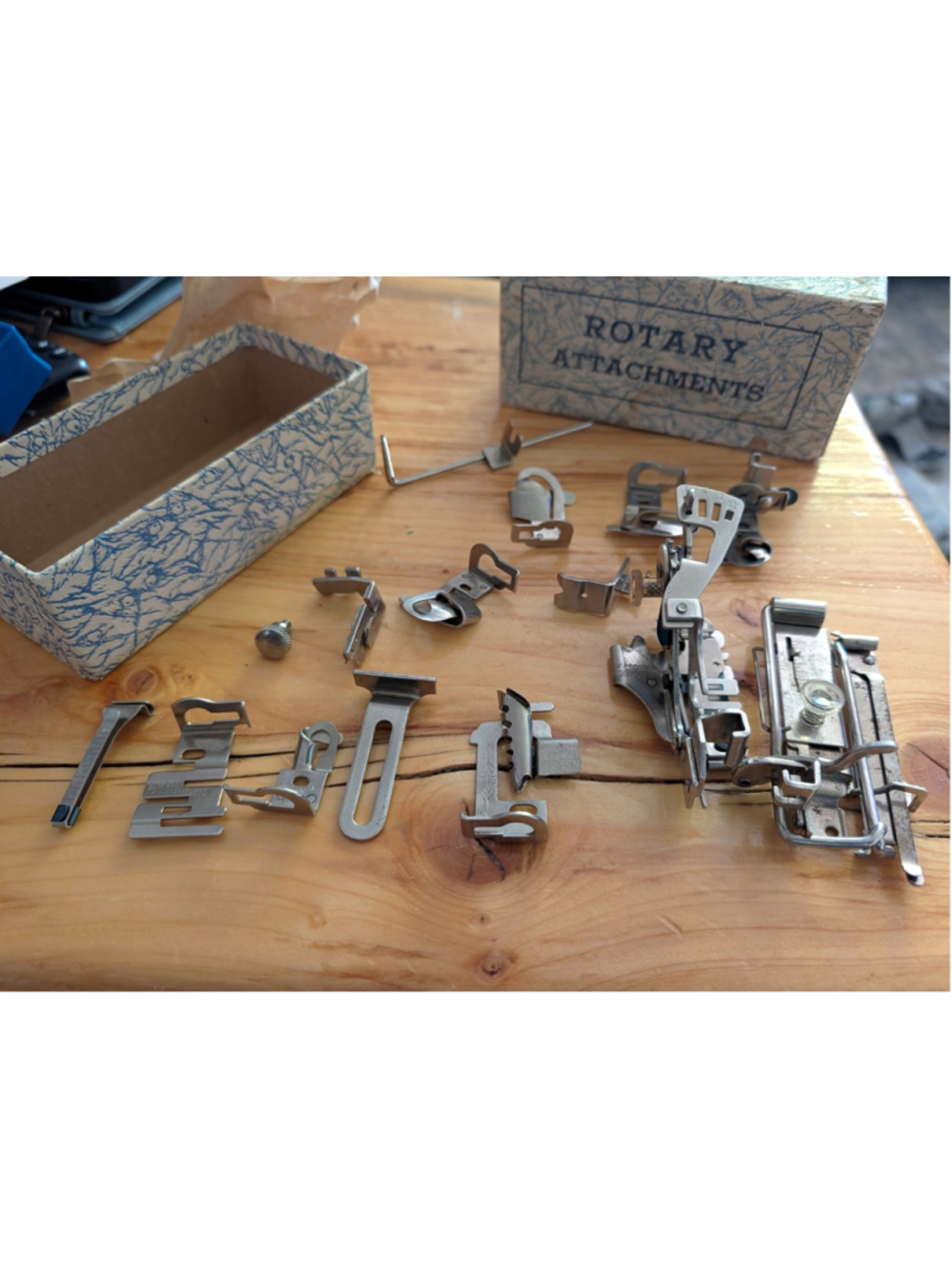 Vintage Greist Rotary Sewing Machine Attachments Lot Binder Hemmer Tucker Box